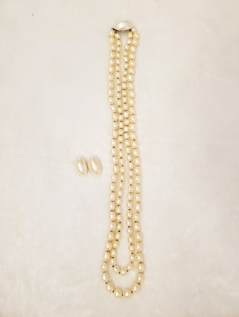 Vintage Pearl Multi-Strand Necklace With Pierced Earrings